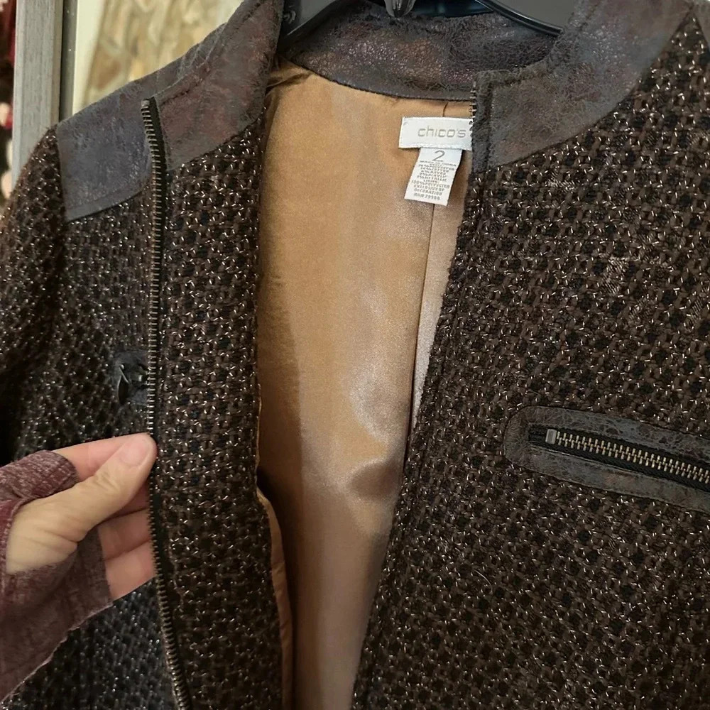 Chico's Brown Metallic Tweed Full Zip Blazer Jacket Women's Size 2 - Picture 10 of 13